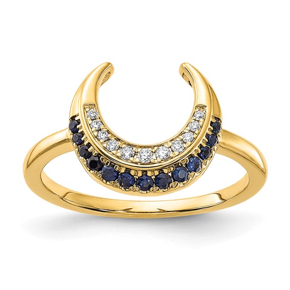 14k Polished Blue Sapphire and 1/20 carat Diamond Moon Ring