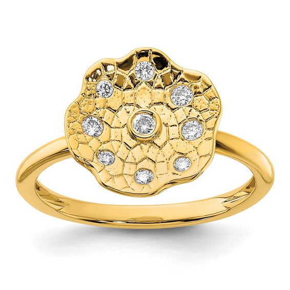 14k Polished and Textured 1/8 carat Diamond Flower Ring