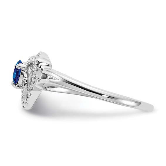 14k White Gold 4mm Round Blue Sapphire and 1/8 carat Diamond Triangle Ring