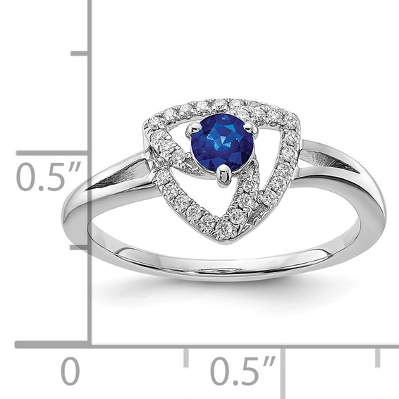 14k White Gold 4mm Round Blue Sapphire and 1/8 carat Diamond Triangle Ring