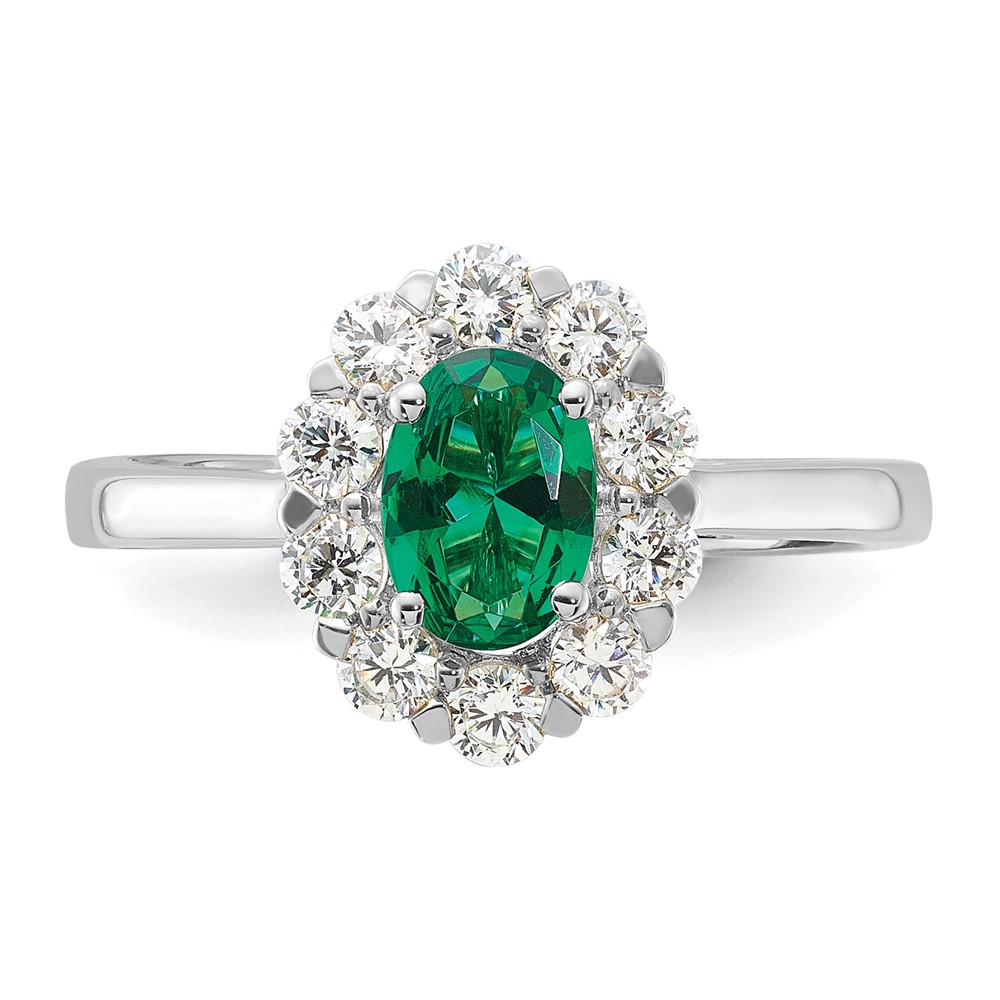 14k White Gold 5/8 carat Lab Grown Diamond VS/SI+ G+ and Oval Lab Created Emerald Halo Fashion Ring (RM6990-CE-100-WALG)
