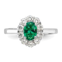 14K White Gold 0.62 Carat Lab Grown Diamond VS SI+ G+ and Oval Lab Created Emerald Complete Halo Fashion Ring view 4