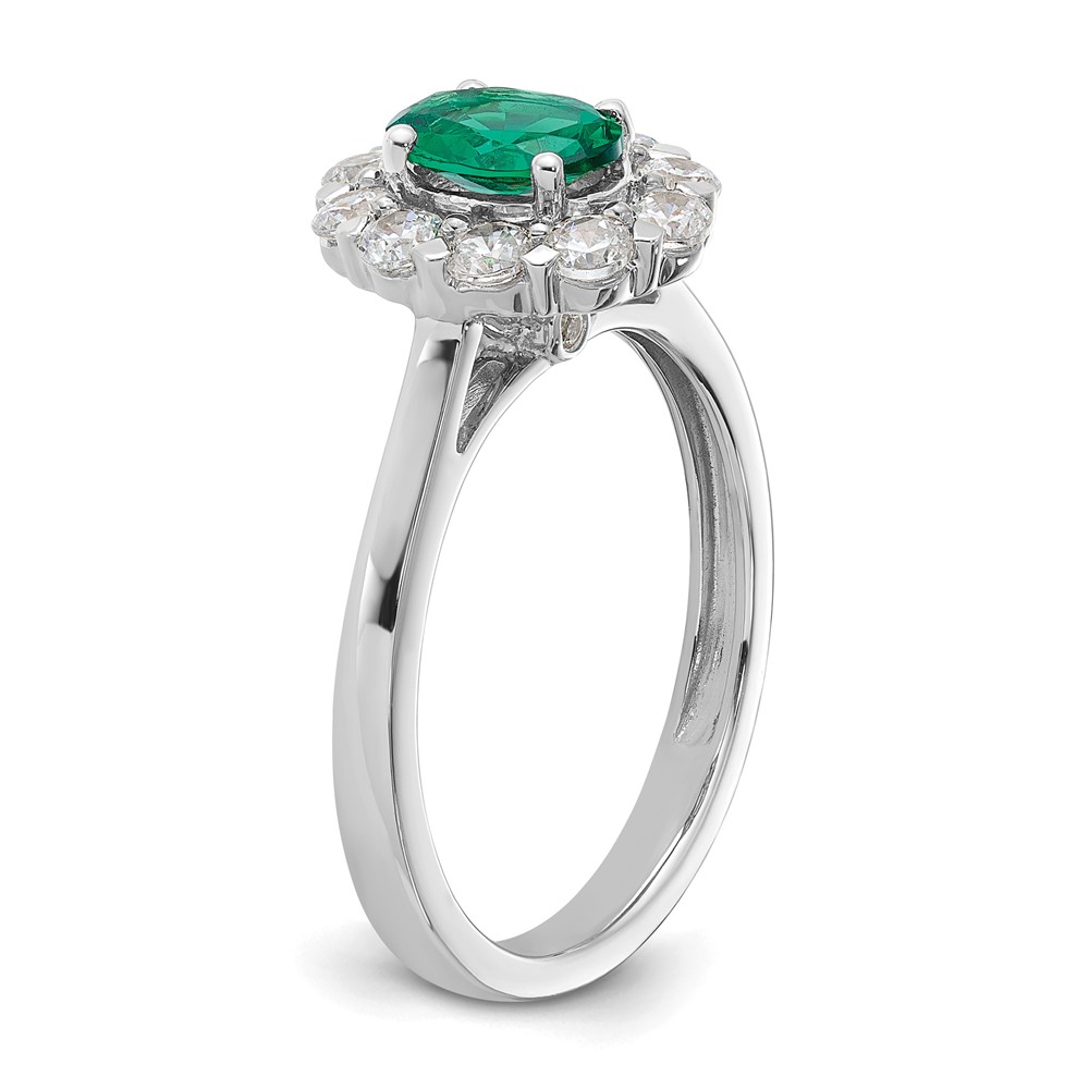 14k White Gold 5/8 carat Lab Grown Diamond VS/SI+ G+ and Oval Lab Created Emerald Halo Fashion Ring (RM6990-CE-100-WALG)