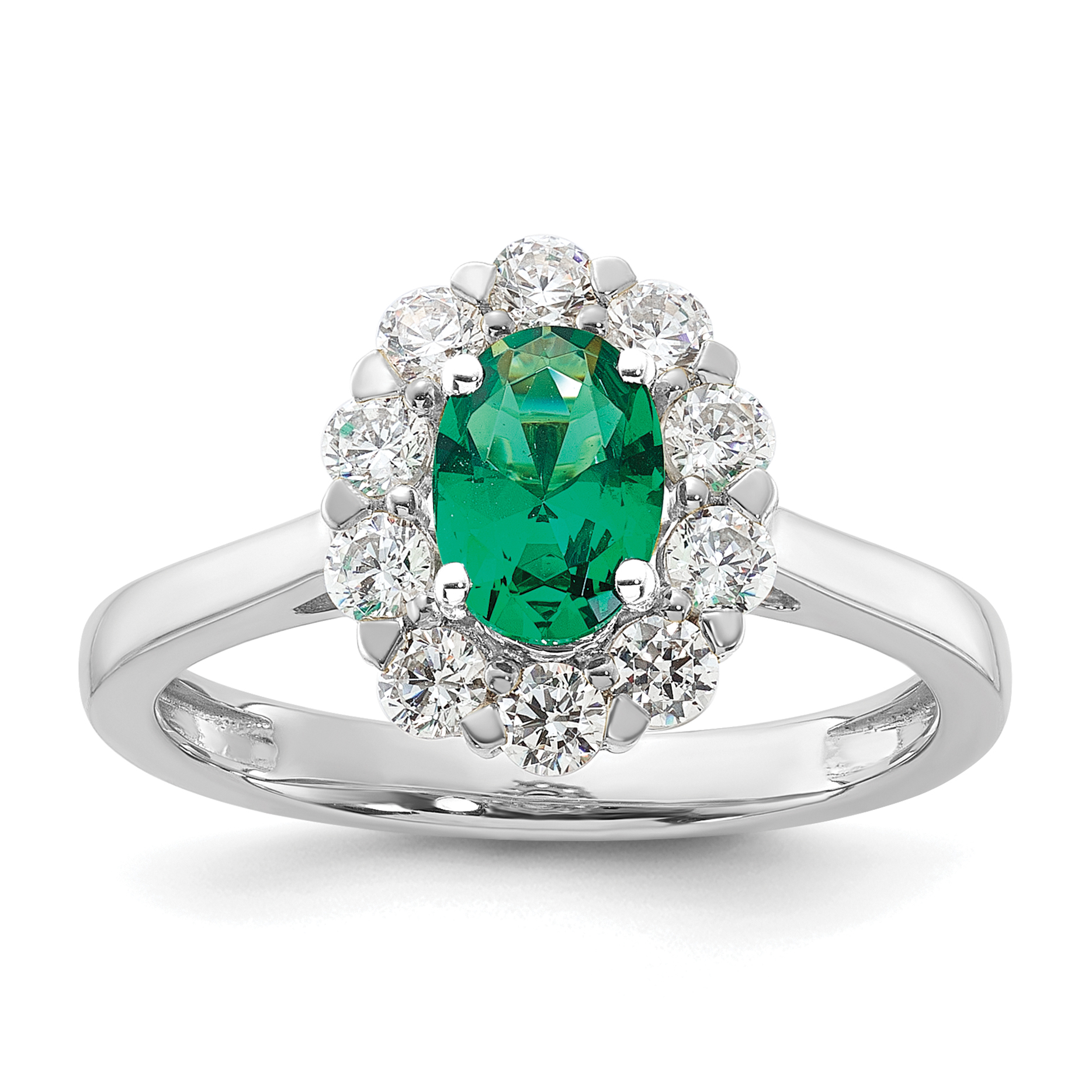 14k White Gold 5/8 carat Lab Grown Diamond VS/SI+ G+ and Oval Lab Created Emerald Halo Fashion Ring (RM6990-CE-100-WALG)
