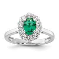 14K White Gold 0.62 Carat Lab Grown Diamond VS SI+ G+ and Oval Lab Created Emerald Complete Halo Fashion Ring view 1