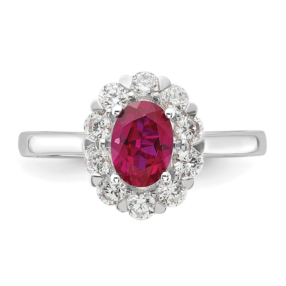 10k White Gold 5/8 carat Lab Grown Diamond VS/SI+ G+ and Oval Lab Created Ruby Halo Fashion Ring (RM6990-CR-100-0WALG)