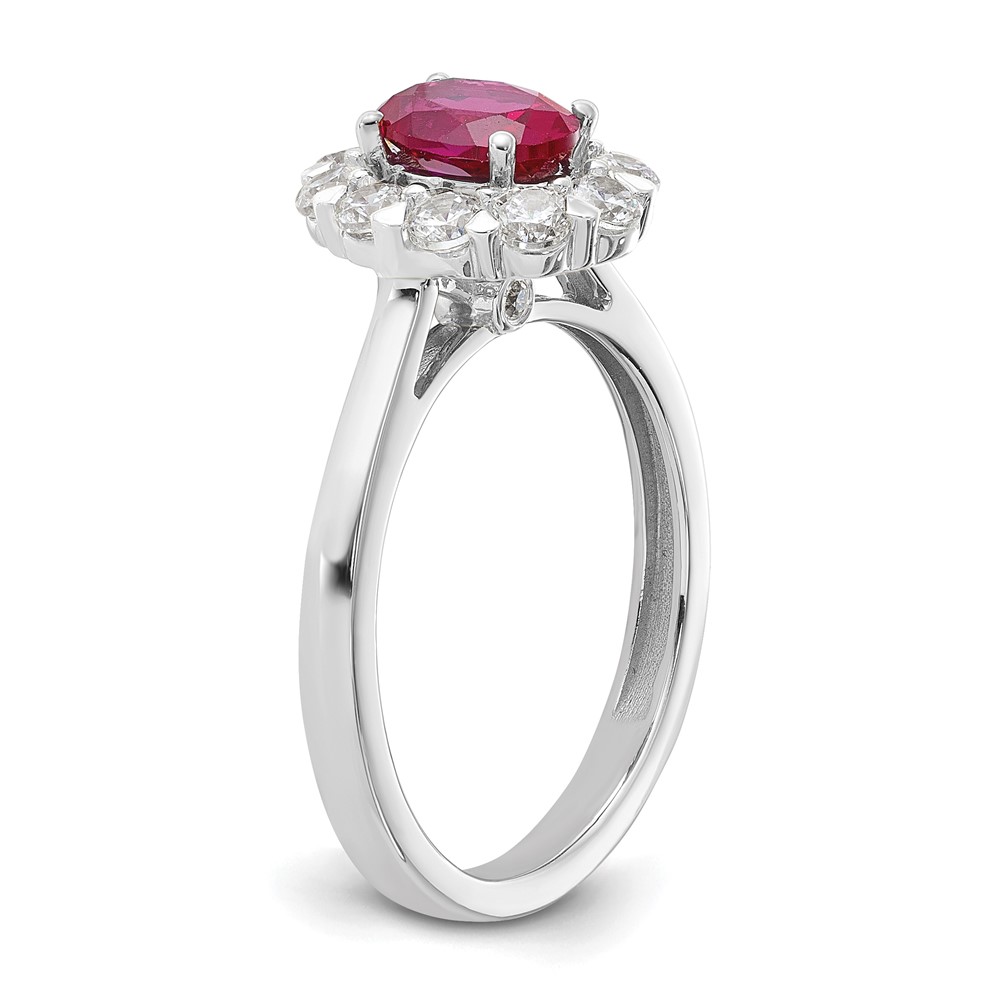 10k White Gold 5/8 carat Lab Grown Diamond VS/SI+ G+ and Oval Lab Created Ruby Halo Fashion Ring (RM6990-CR-100-0WALG)