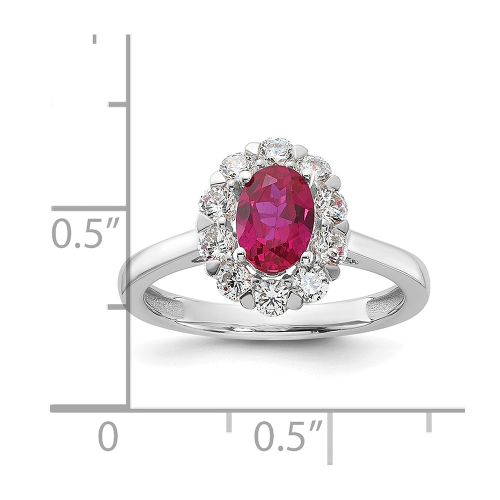 10k White Gold 5/8 carat Lab Grown Diamond VS/SI+ G+ and Oval Lab Created Ruby Halo Fashion Ring (RM6990-CR-100-0WALG)