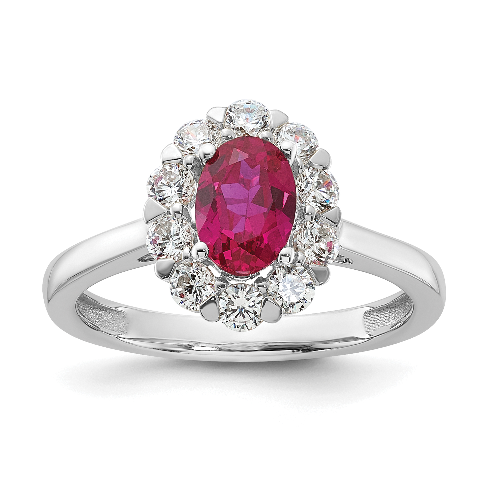 10k White Gold 5/8 carat Lab Grown Diamond VS/SI+ G+ and Oval Lab Created Ruby Halo Fashion Ring (RM6990-CR-100-0WALG)