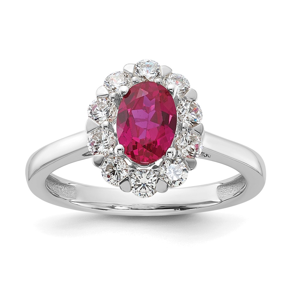10k White Gold 5/8 carat Lab Grown Diamond VS/SI+ G+ and Oval Lab Created Ruby Halo Fashion Ring (RM6990-CR-100-0WALG)