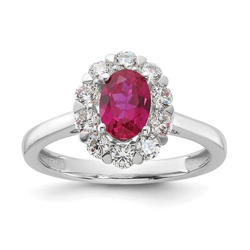 10K White Gold 0.62 Carat Lab Grown Diamond VS SI+ G+ and Oval Lab Created Ruby Complete Halo Fashion Ring