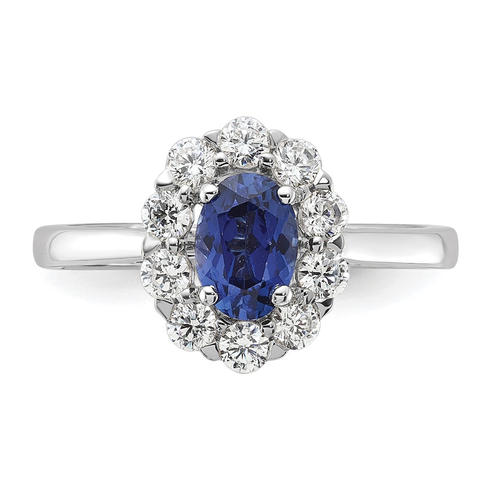 10k White Gold 5/8 carat Lab Grown Diamond VS/SI+ G+ and Oval Lab Created Blue Sapphire Halo Fashion Ring (RM6990-CS-100-0WALG)