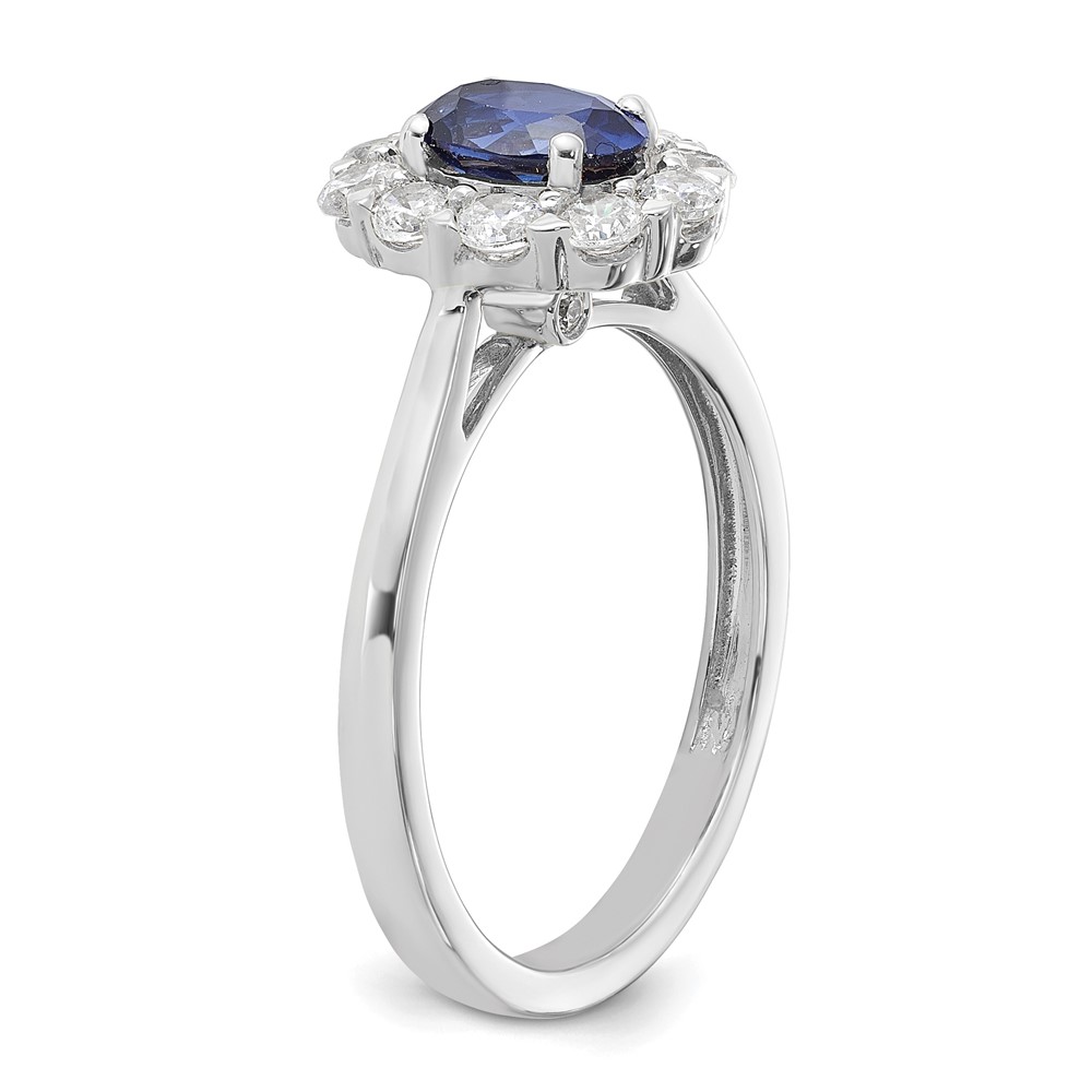 10k White Gold 5/8 carat Lab Grown Diamond VS/SI+ G+ and Oval Lab Created Blue Sapphire Halo Fashion Ring (RM6990-CS-100-0WALG)