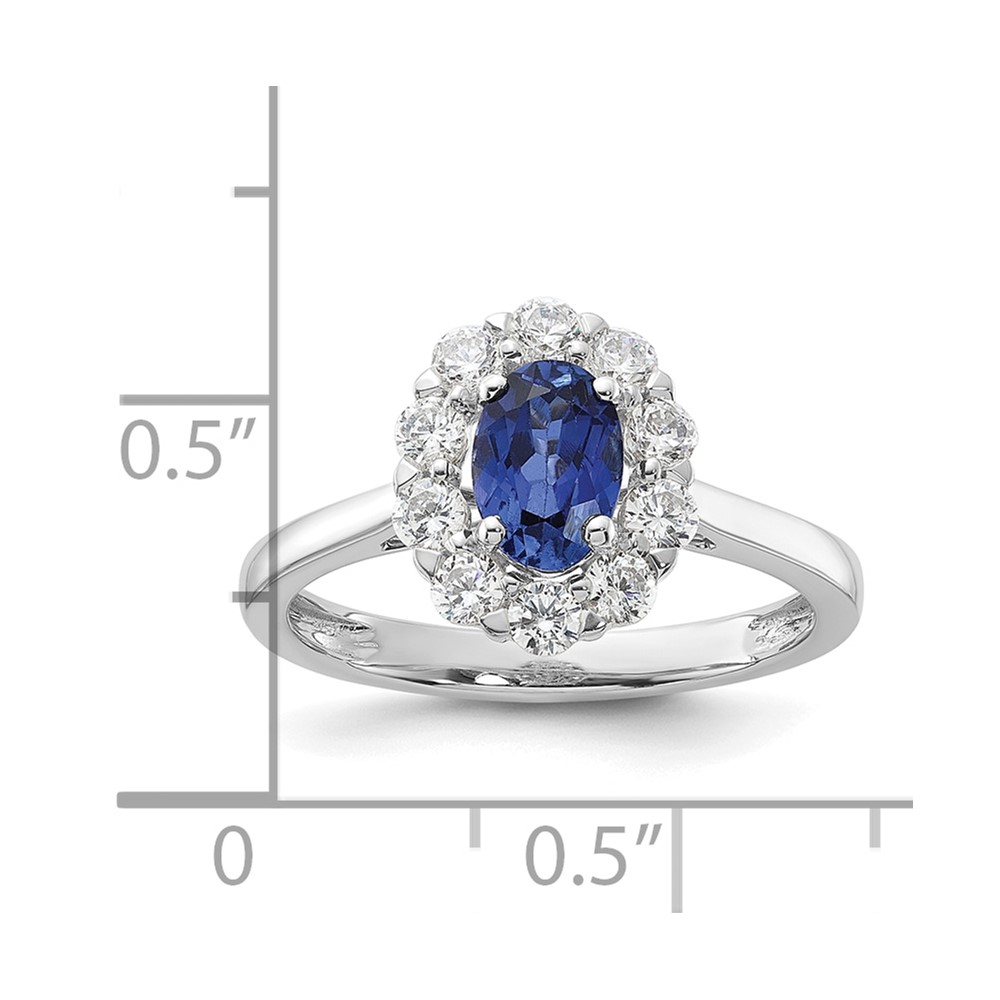 10k White Gold 5/8 carat Lab Grown Diamond VS/SI+ G+ and Oval Lab Created Blue Sapphire Halo Fashion Ring (RM6990-CS-100-0WALG)