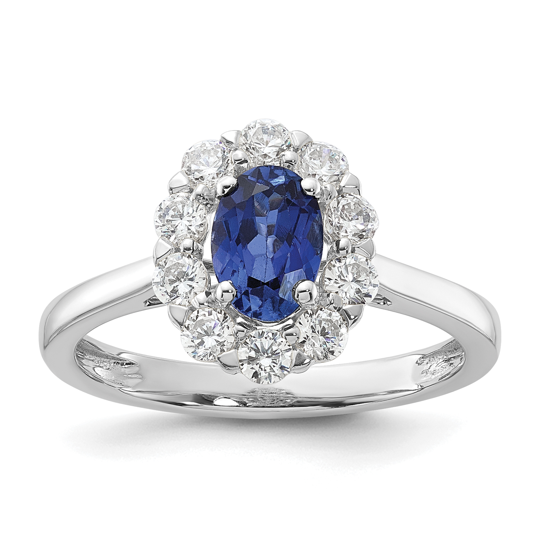 10k White Gold 5/8 carat Lab Grown Diamond VS/SI+ G+ and Oval Lab Created Blue Sapphire Halo Fashion Ring (RM6990-CS-100-0WALG)