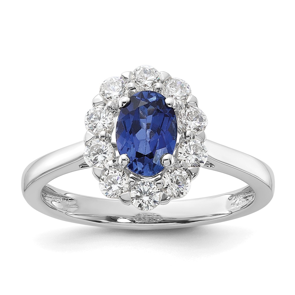 10K White Gold 0.62 Carat Lab Grown Diamond VS SI+ G+ and Oval Lab Created Blue Sapphire Complete Halo Fashion Ring