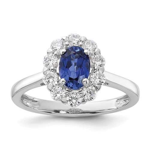 14K White Gold 0.62 Carat Lab Grown Diamond VS SI+ G+ and Oval Lab Created Blue Sapphire Complete Halo Fashion Ring