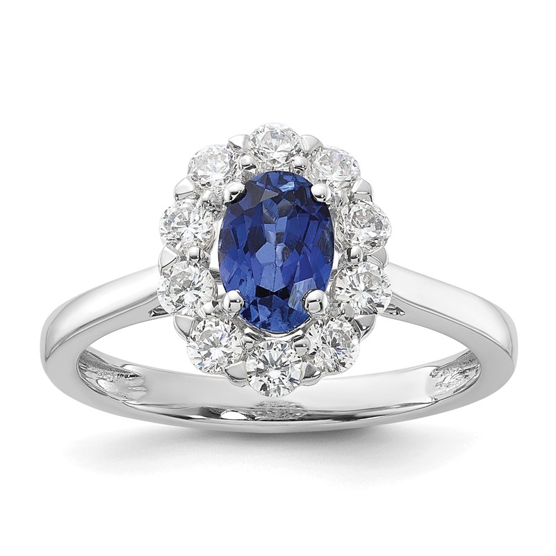 14k White Gold 5/8 carat Lab Grown Diamond VS/SI+ G+ and Oval Lab Created Blue Sapphire Halo Fashion Ring