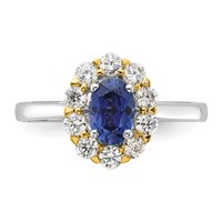 14K Two-Tone 0.62 Carat Lab Grown Diamond VS SI+ G+ and Oval Lab Created Blue Sapphire Complete Halo Fashion Ring view 4
