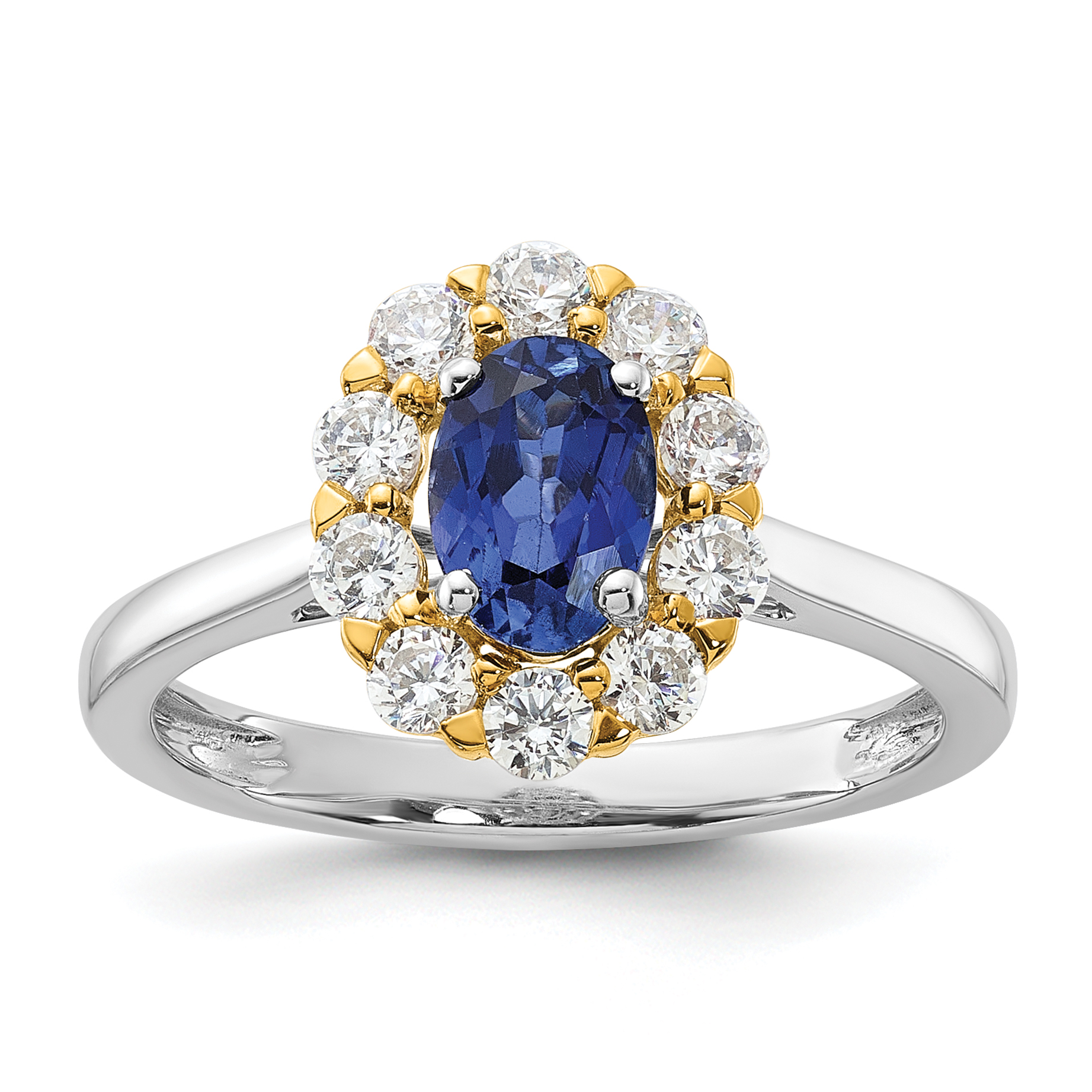 14k Two-Tone 5/8 carat Lab Grown Diamond VS/SI+ G+ and Oval Lab Created Blue Sapphire Halo Fashion Ring (RM6990-CS-100-WYALG)