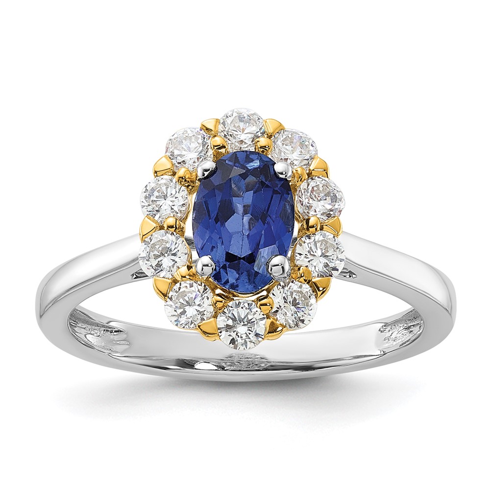 14K Two-Tone 0.62 Carat Lab Grown Diamond VS SI+ G+ and Oval Lab Created Blue Sapphire Complete Halo Fashion Ring