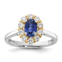 14K Two-Tone 0.62 Carat Lab Grown Diamond VS SI+ G+ and Oval Lab Created Blue Sapphire Complete Halo Fashion Ring view 1