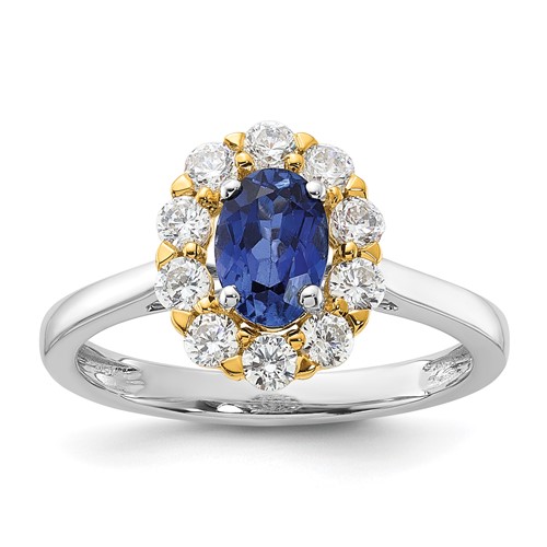 14K Two-Tone 0.62 Carat Lab Grown Diamond VS SI+ G+ and Oval Lab Created Blue Sapphire Complete Halo Fashion Ring