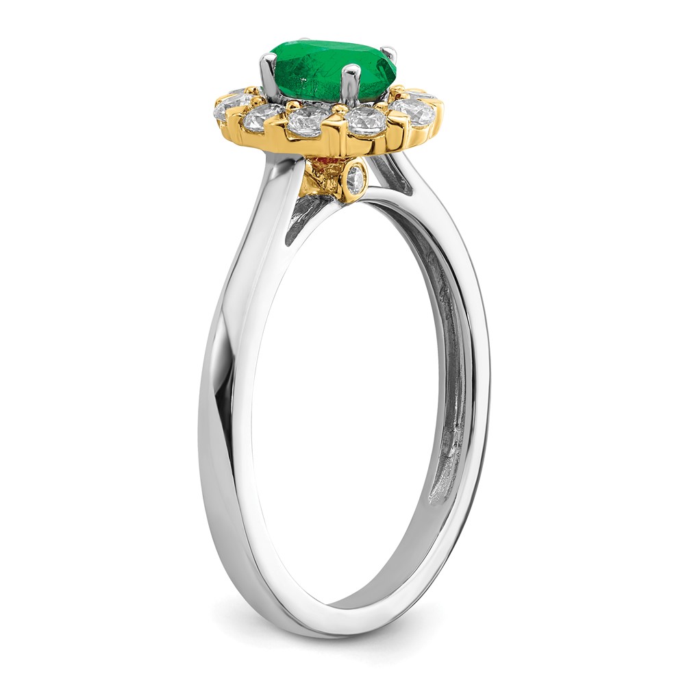 14k Two-Tone 5/8 carat Lab Grown Diamond VS/SI+ G+ and Oval Lab Created Emerald Halo Fashion Ring (RM6990-CE-100-WYALG)