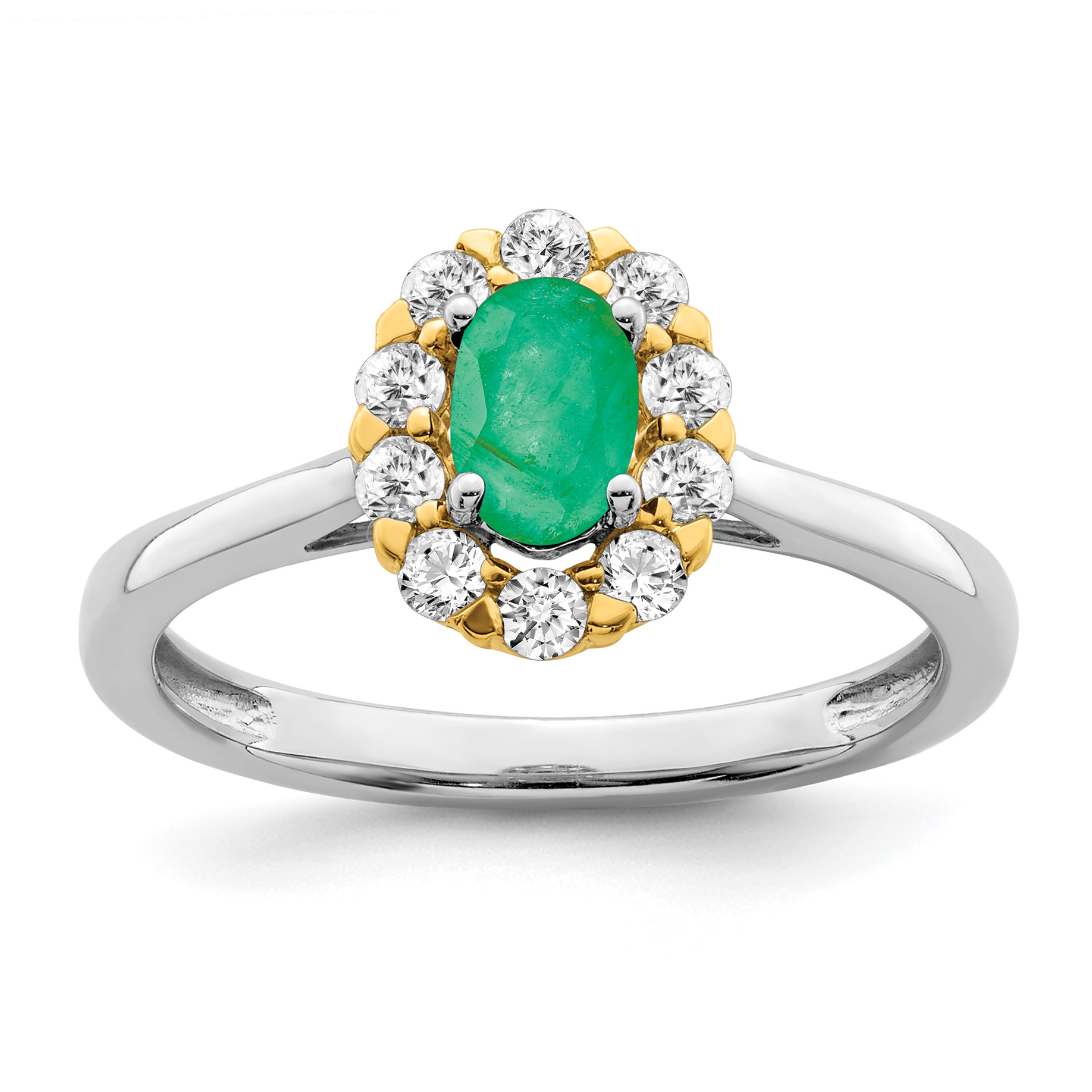 14k Two-Tone 5/8 carat Lab Grown Diamond VS/SI+ G+ and Oval Lab Created Emerald Halo Fashion Ring (RM6990-CE-100-WYALG)