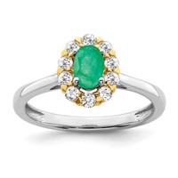 14K Two-Tone 0.62 Carat Lab Grown Diamond VS SI+ G+ and Oval Lab Created Emerald Complete Halo Fashion Ring view 1