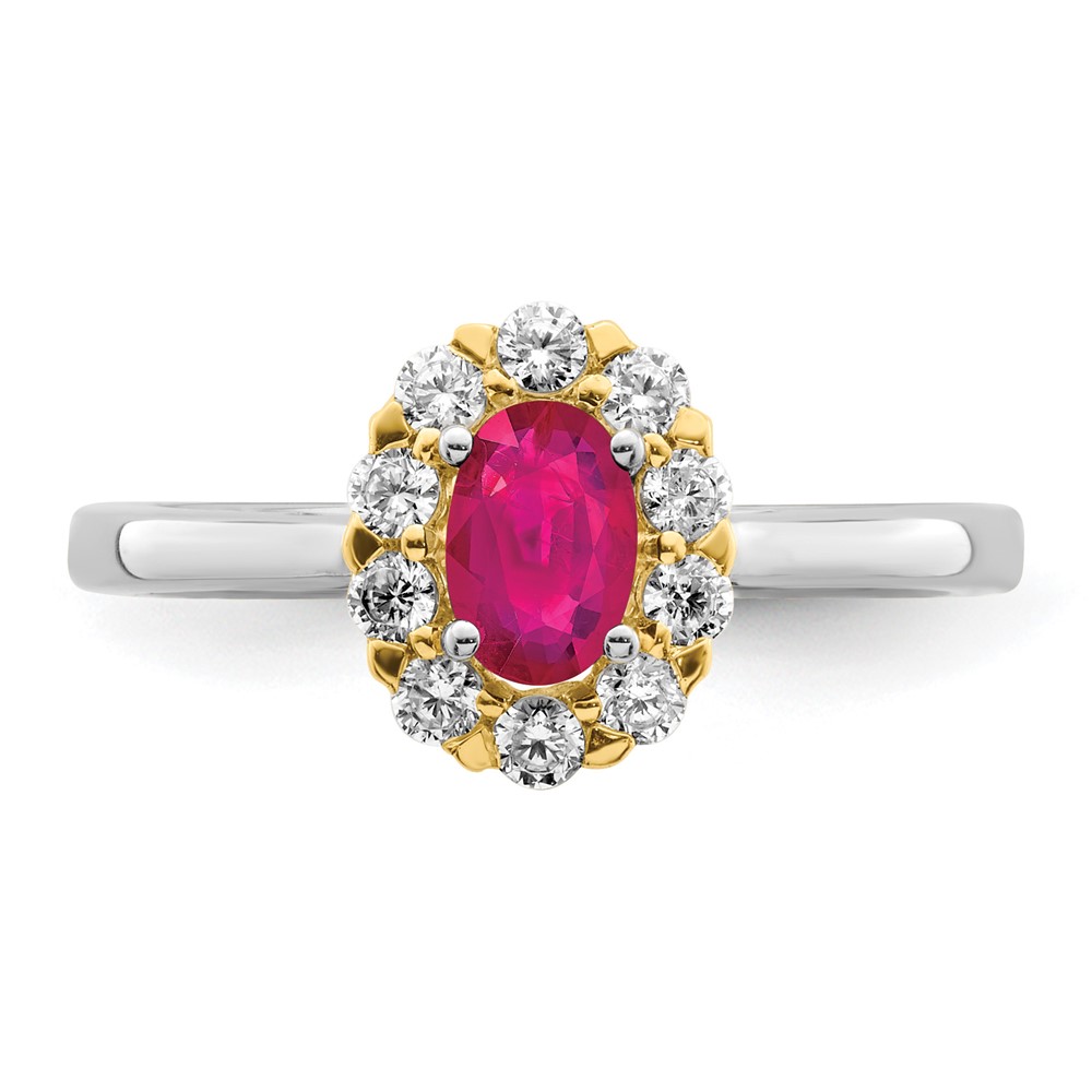 14k Two-Tone 5/8 carat Lab Grown Diamond VS/SI+ G+ and Oval Lab Created Ruby Halo Fashion Ring (RM6990-CR-100-WYALG)