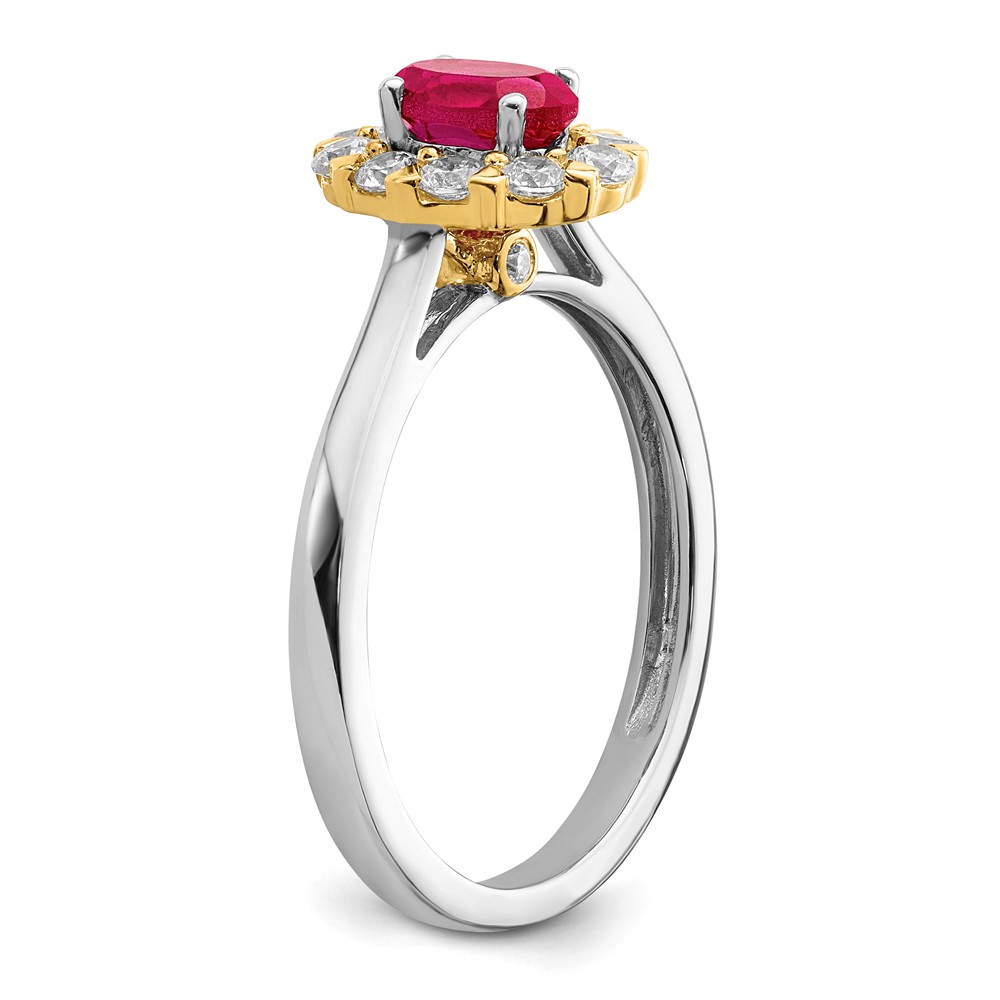 14k Two-Tone 5/8 carat Lab Grown Diamond VS/SI+ G+ and Oval Lab Created Ruby Halo Fashion Ring (RM6990-CR-100-WYALG)