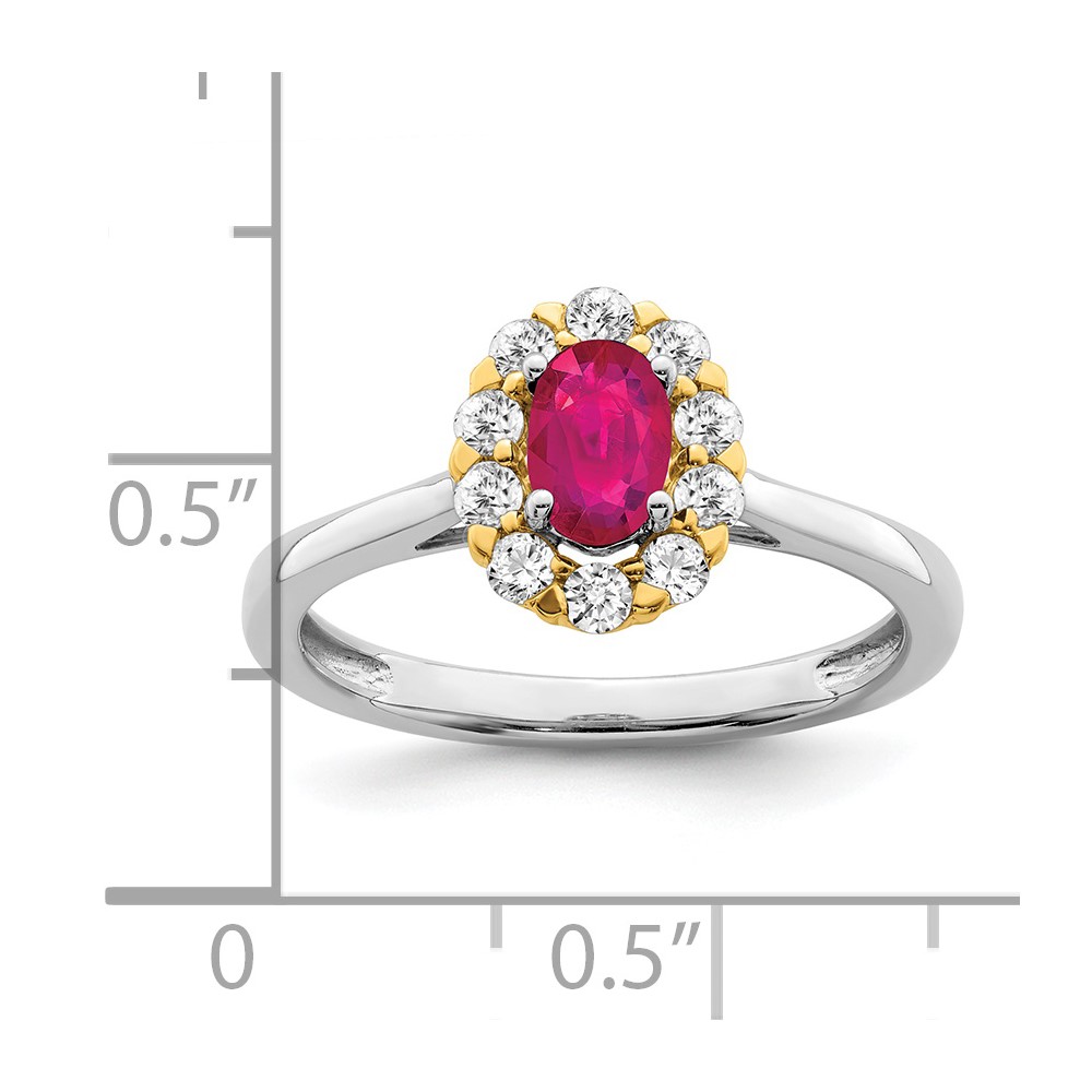 14k Two-Tone 5/8 carat Lab Grown Diamond VS/SI+ G+ and Oval Lab Created Ruby Halo Fashion Ring (RM6990-CR-100-WYALG)