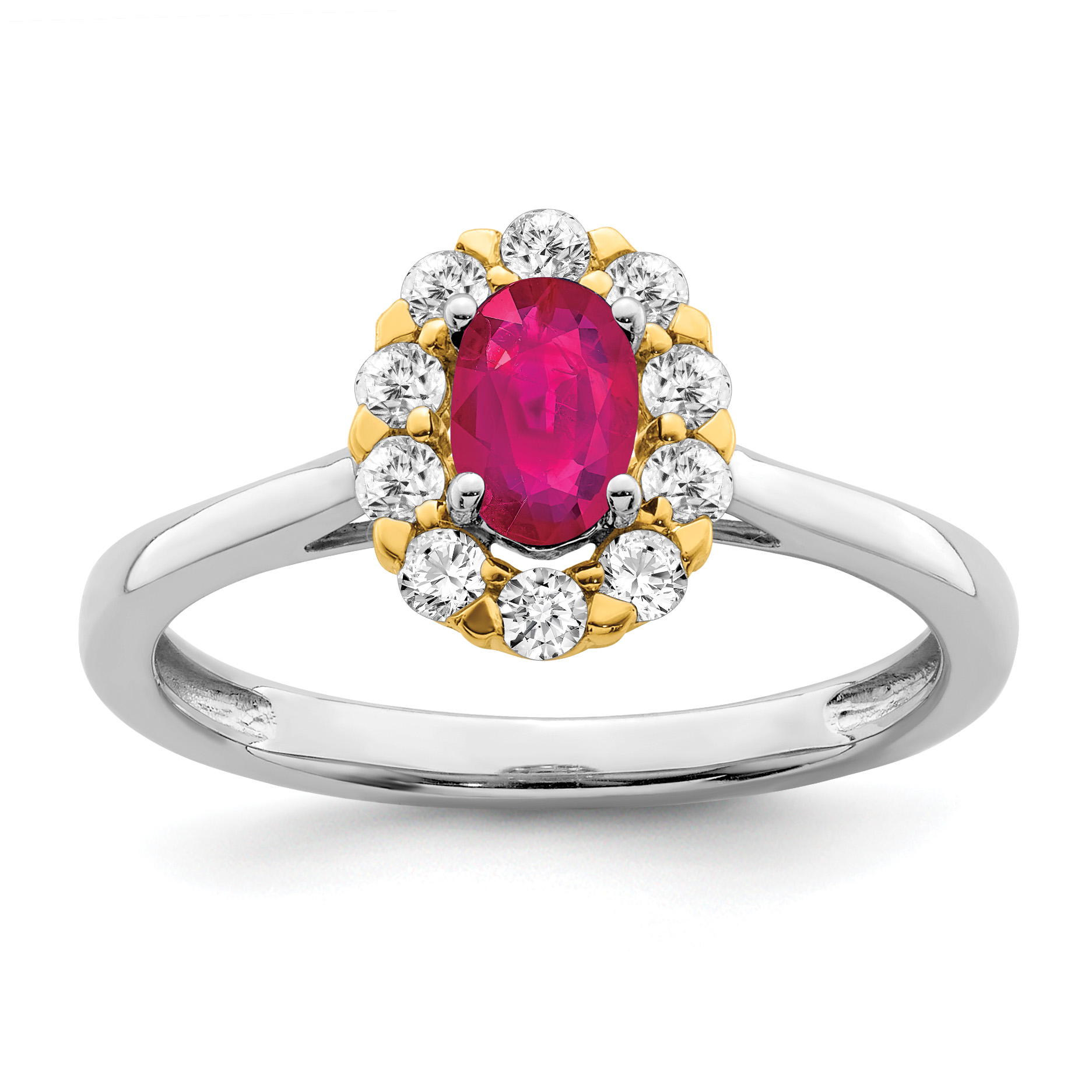 14k Two-Tone 5/8 carat Lab Grown Diamond VS/SI+ G+ and Oval Lab Created Ruby Halo Fashion Ring (RM6990-CR-100-WYALG)