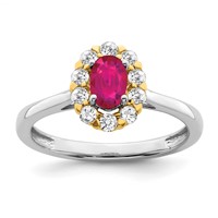 14K Two-Tone 0.62 Carat Lab Grown Diamond VS SI+ G+ and Oval Lab Created Ruby Complete Halo Fashion Ring view 1