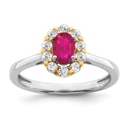 14K Two-Tone 0.62 Carat Lab Grown Diamond VS SI+ G+ and Oval Lab Created Ruby Complete Halo Fashion Ring