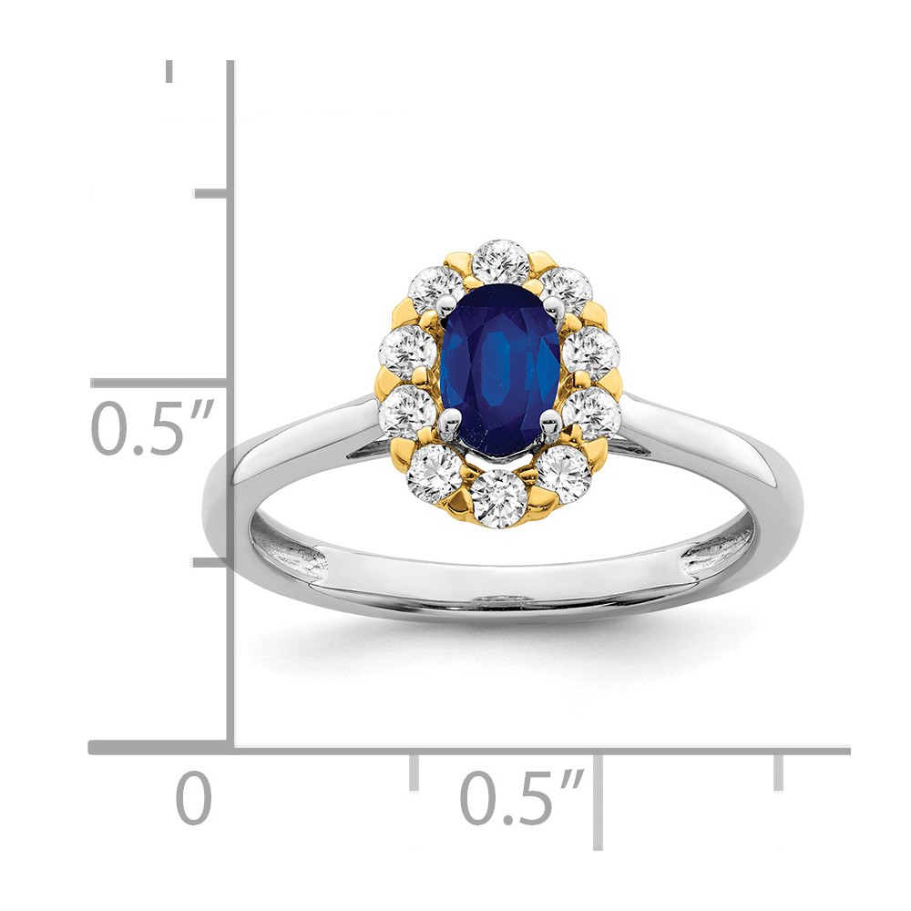 14k Two-Tone 5/8 carat Lab Grown Diamond VS/SI+ G+ and Oval Lab Created Blue Sapphire Halo Fashion Ring (RM6990-CS-100-WYALG)
