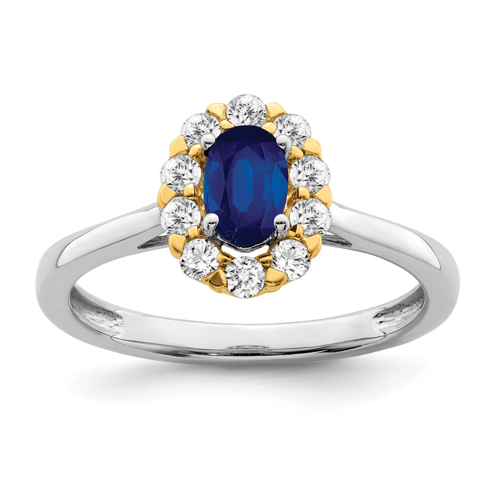 14k Two-Tone 5/8 carat Lab Grown Diamond VS/SI+ G+ and Oval Lab Created Blue Sapphire Halo Fashion Ring (RM6990-CS-100-WYALG)