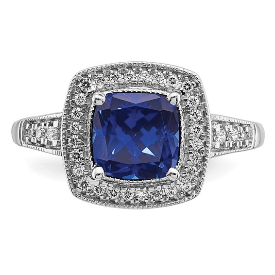 14k White Gold Cushion Created Gemstone and Diamond Halo Ring