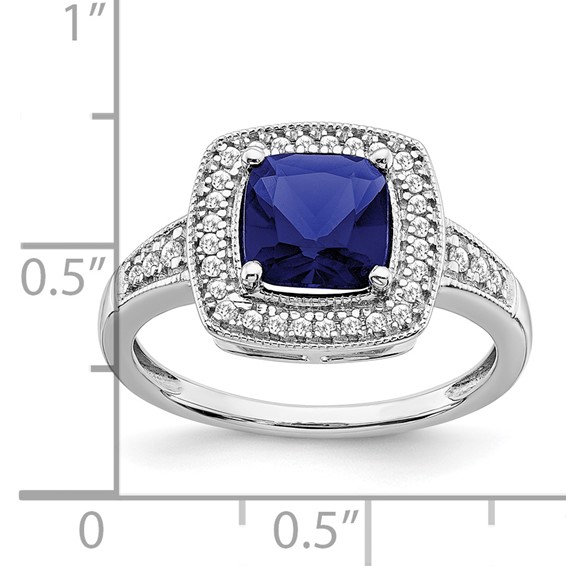 14k White Gold Cushion Created Gemstone and Diamond Halo Ring