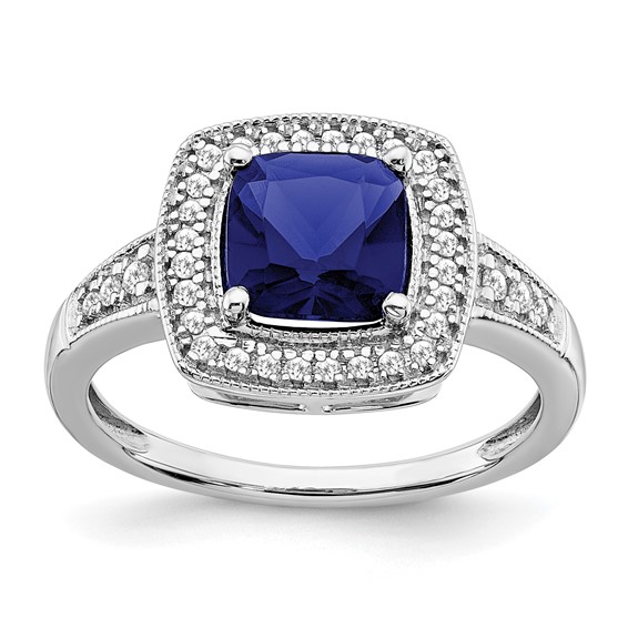 14k White Gold Cushion Created Gemstone and Diamond Halo Ring