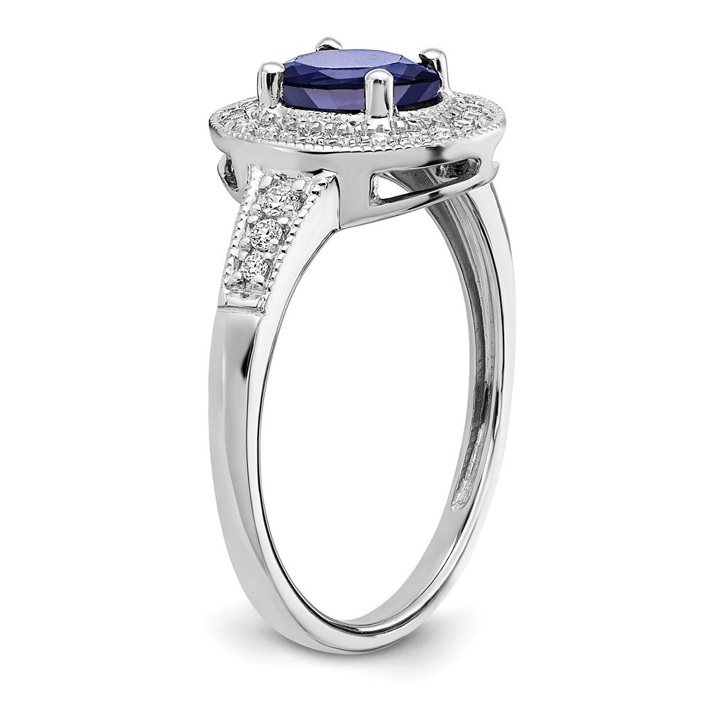 14k White Gold Oval Created Sapphire and Diamond Halo Ring (RM7125-SA-017-WA)