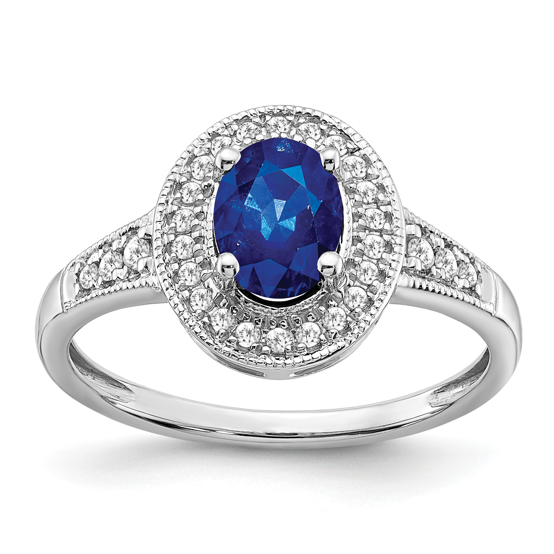 14k White Gold Oval Created Sapphire and Diamond Halo Ring (RM7125-SA-017-WA)