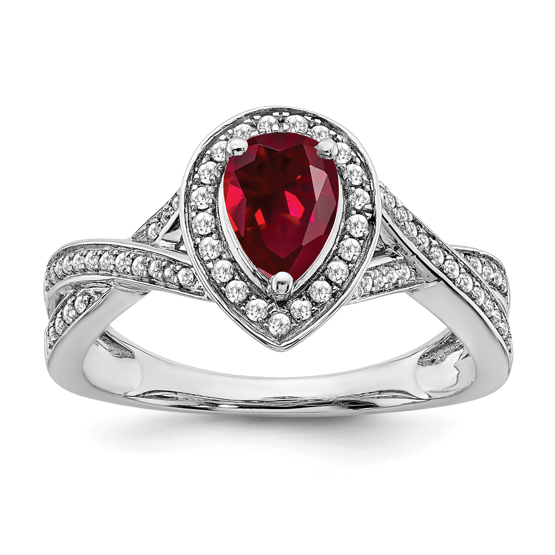 14k White Gold Pear Created Ruby and Diamond Halo Ring (RM7126-RU-025-WA)