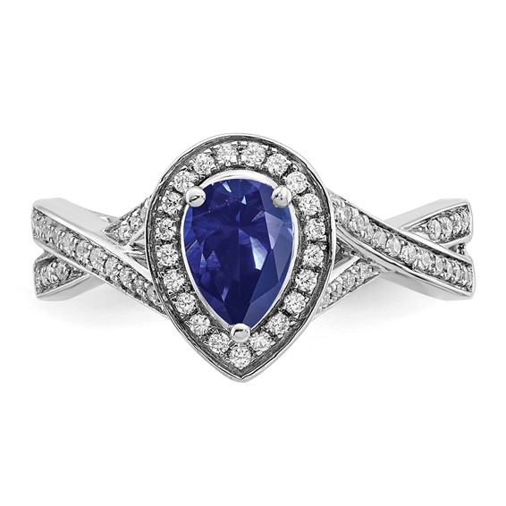 14k Yellow Gold Pear Created Sapphire and Diamond Halo Ring