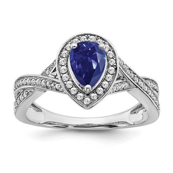 14k Yellow Gold Pear Created Sapphire and Diamond Halo Ring