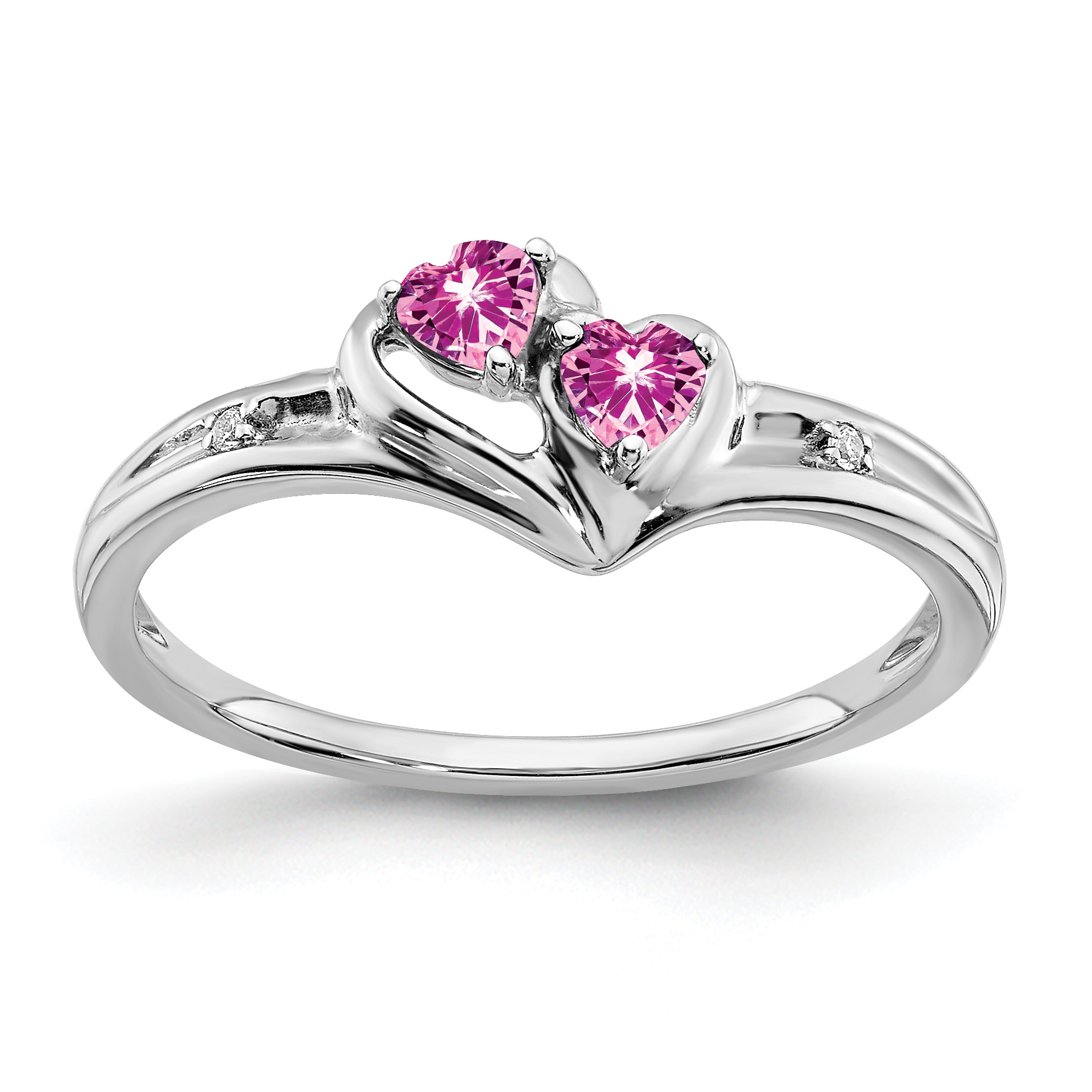 14k White Gold Created Pink Sapphire and Diamond 2-stone Heart Ring (RM7149-CPS-001-WA)