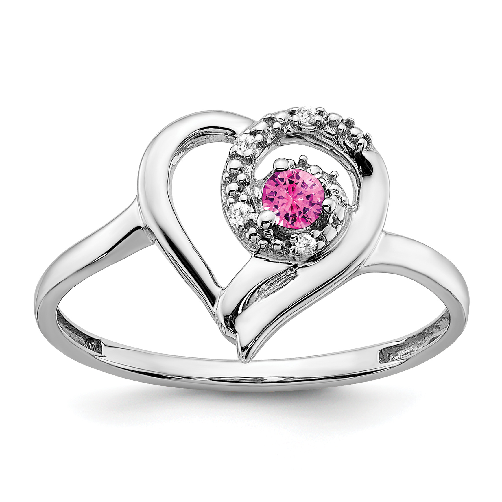 14k White Gold Created Pink Sapphire and Diamond Heart Ring (RM7173-CPS-002-WA)
