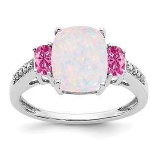  14k White Gold Lab-Created Opal/Lab-Created Pink Sapphire/Diamond Ring