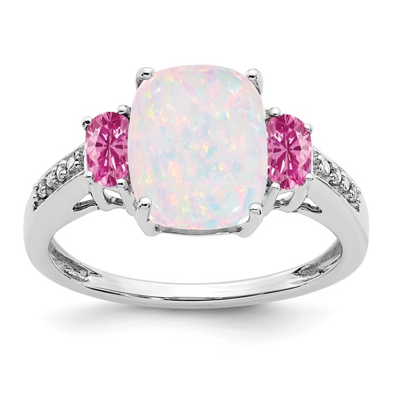  14k White Gold Lab-Created Opal/Lab-Created Pink Sapphire/Diamond Ring